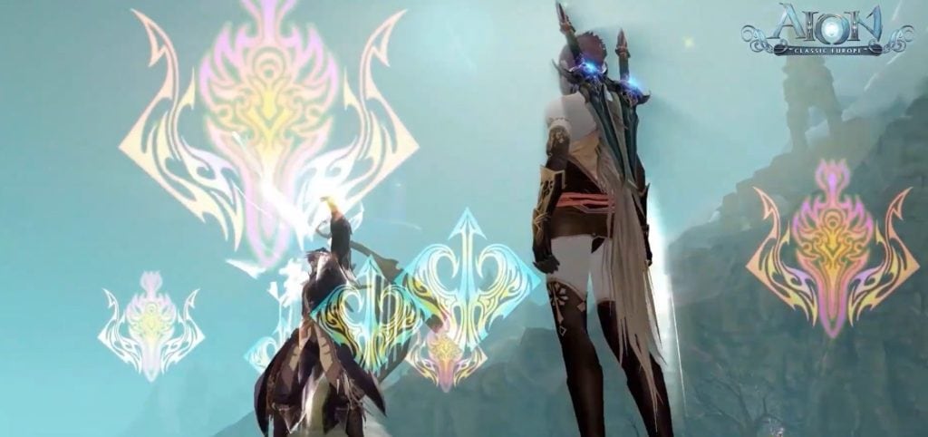 Personnages d’Aion dans un paysage fantasy lumineux avec symboles magiques