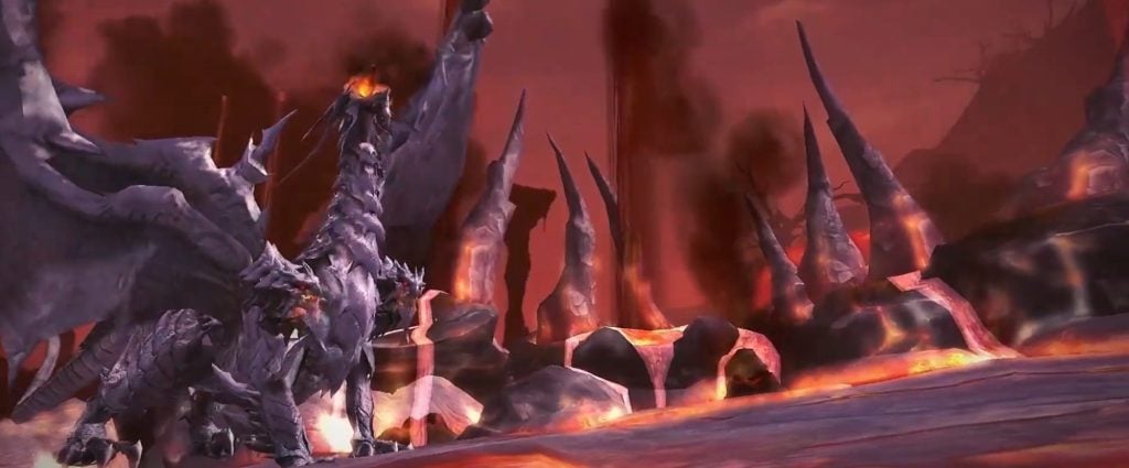 Dragon d’Aion dans un champ de bataille volcanique avec lave et ciel rouge sombre