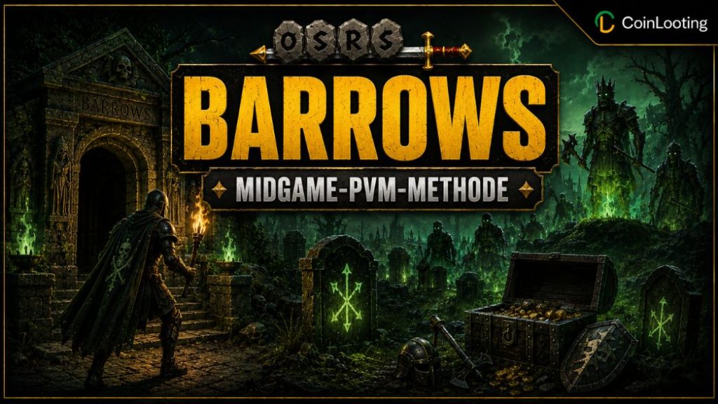 OSRS-Bild zum Barrows-Guide mit einem Spieler vor einer dunklen Gruft, untoten Kriegern, Beute und einem Mid-Game-PvM-Thema