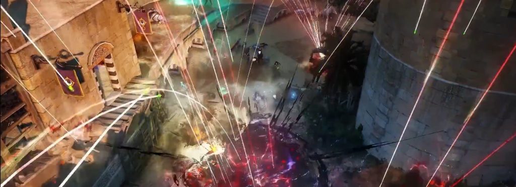 Large-scale siege battle with spell effects and explosions in Black Desert Online