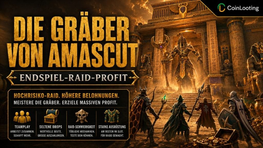 OSRS-Bild zum Tombs-of-Amascut-Guide mit einem Raid-Team vor einem ägyptisch wirkenden Boss am Tempel-Eingang für Endgame-Raid-Profit