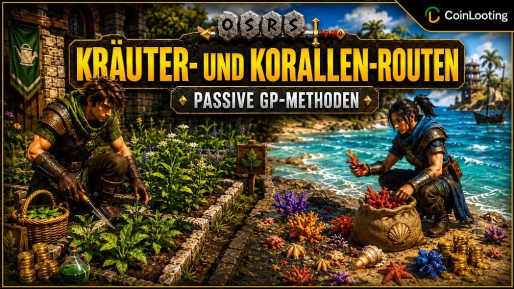 OSRS-Bild zu Herb- und Coral-Runs mit Spielern beim Sammeln von Kräutern und Korallen an der Küste als passive GP-Methode