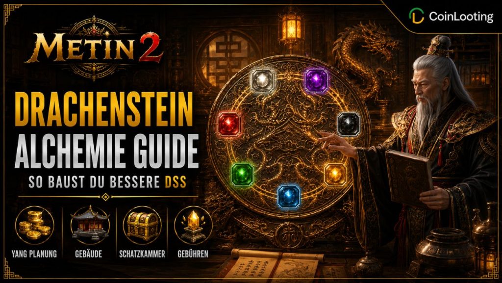 Metin2 Drachensteinalchemie Guide-Bild mit DSA-Rad, sieben Drachensteinen und einem Alchemisten in einem dunklen Tempel