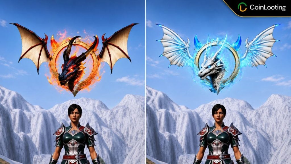 Metin2 Bild mit zwei drachenartigen Emblemen über einem Charakter in einer Schneelandschaft als Symbol für Belohnungswert und Gildenland-Besitz