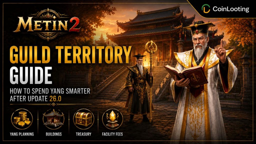 Metin2 guild territory guide image showing a temple courtyard, guild officials, and key economy topics after Update 26.0