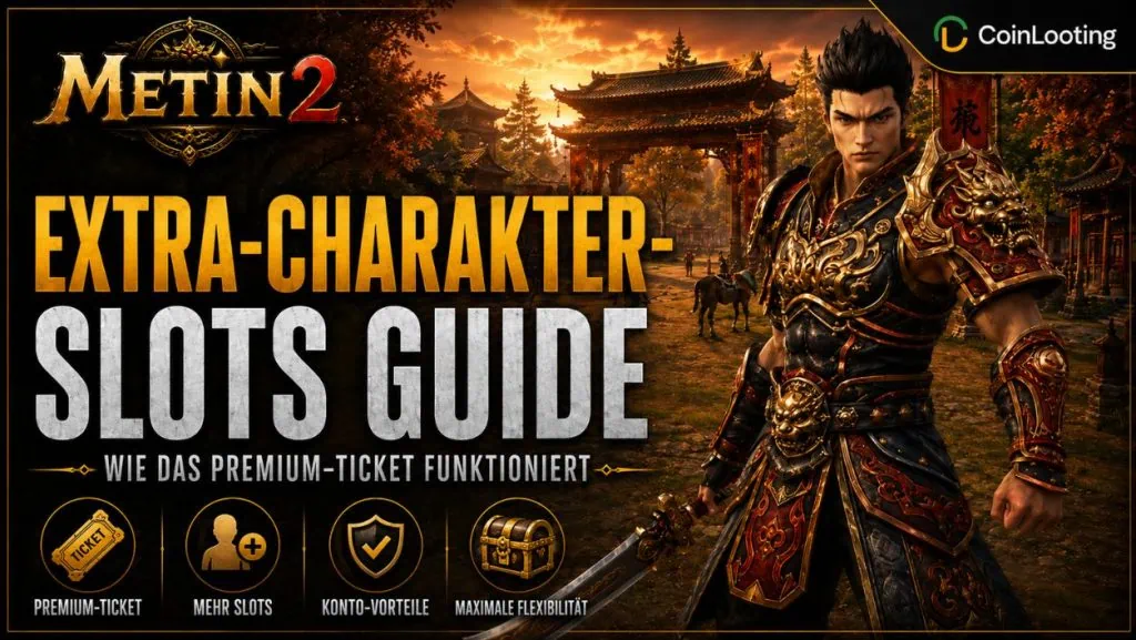 Metin2 Extra-Charakterslots Guide-Bild mit Premium-Charakterticket, zwei neuen Premium-Charakter-Silhouetten und einem Krieger auf demselben Server