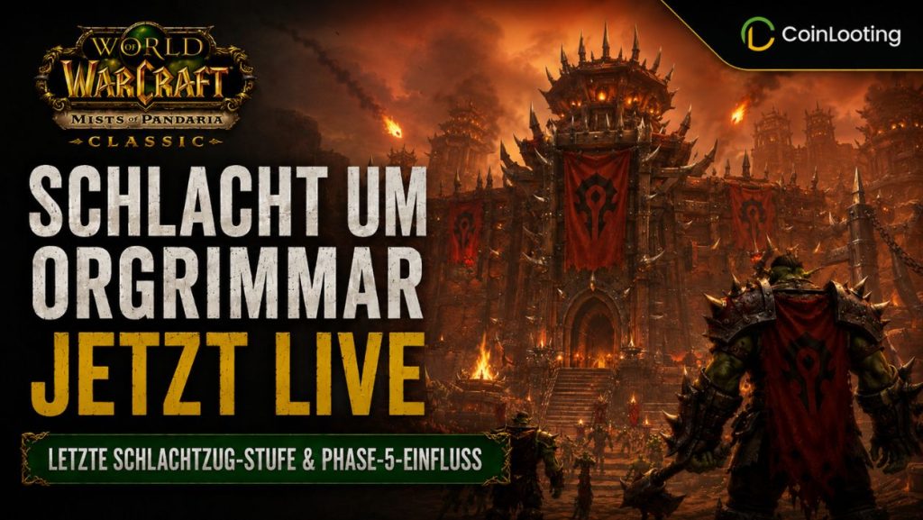 Bild zur jetzt live geschalteten Schlacht um Orgrimmar in WoW Pandaria Classic mit der Raid-Festung, Horde-Bannern und dem Hinweis auf die letzte Raid-Stufe