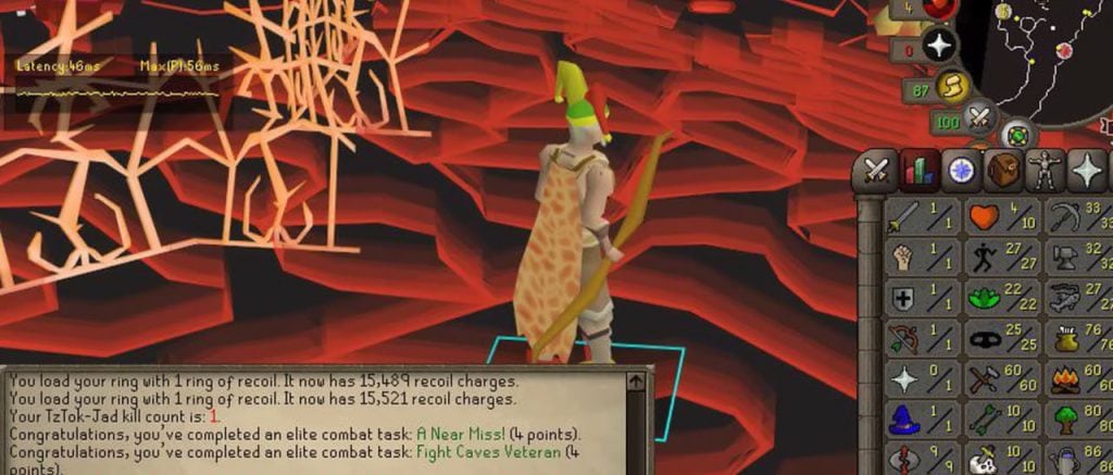 Joueur OSRS dans une grotte de lave avec stats de combat et progression de tâche visible