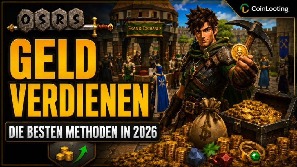 Bild zum OSRS-Money-Making-Guide mit einem Spieler an der Grand Exchange, Goldmünzen, Edelsteinen, einer Spitzhacke und einer Schatztruhe für starke GP-Methoden im Jahr 2026