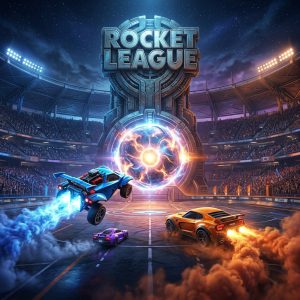 Rocket-League-Arena mit Auto, Credits, Rocket Pass, Item-Shop und Garagenanpassung