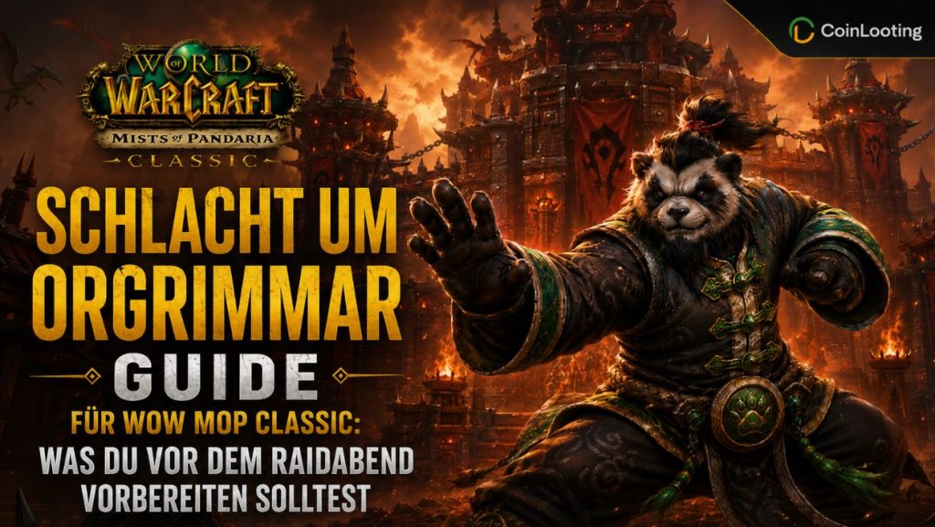 Guide-Bild zur Schlacht um Orgrimmar für WoW MoP Classic mit einem Pandaren-Kämpfer vor Orgrimmar und Hinweisen zur Raid-Vorbereitung