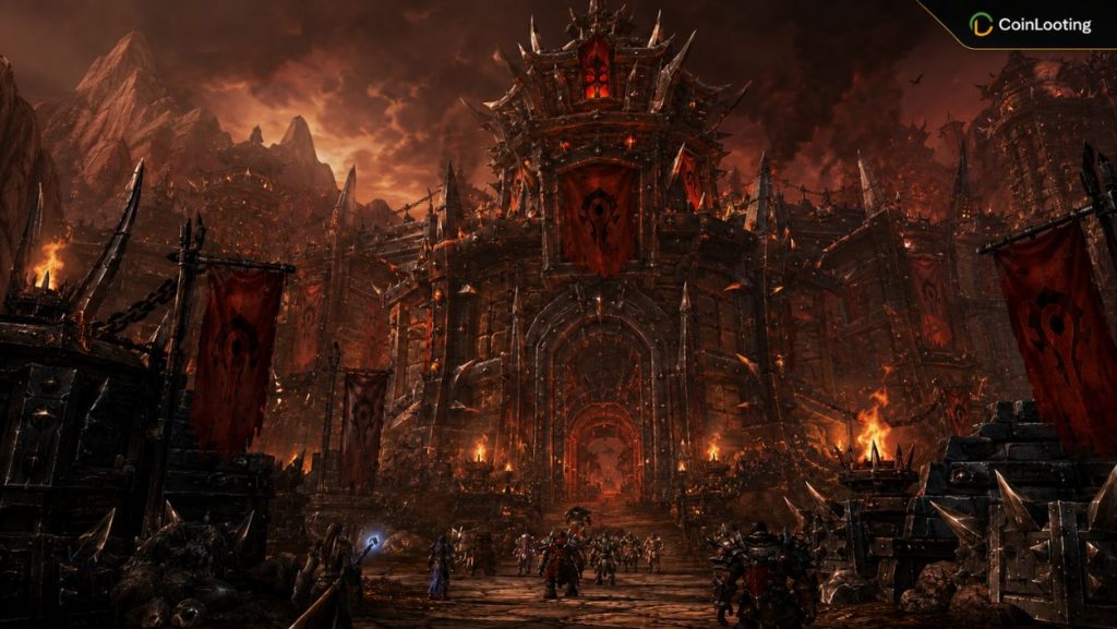 Entrance to Siege of Orgrimmar in WoW MoP Classic with Horde banners, fortress walls, and players approaching the raid gate