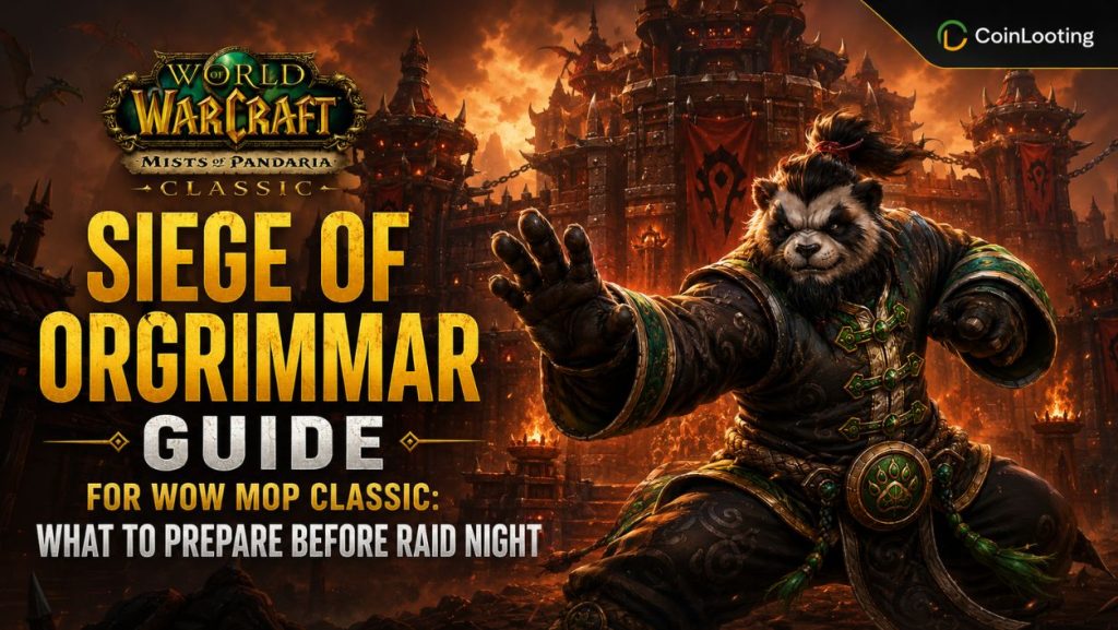 Siege of Orgrimmar guide image for WoW MoP Classic showing a Pandaren fighter in front of Orgrimmar with raid preparation text
