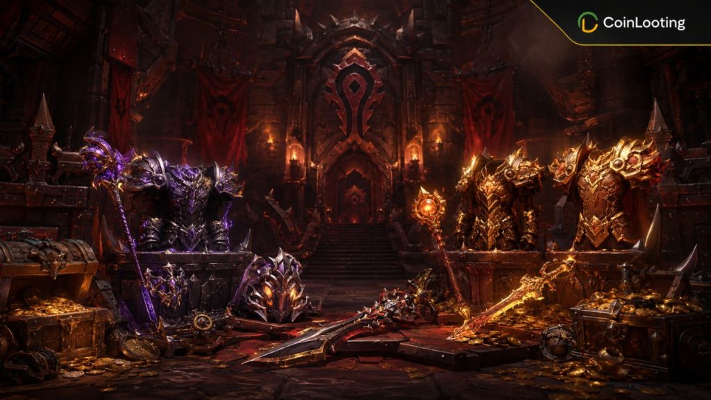 Siege of Orgrimmar loot scene in WoW MoP Classic with Tier 16 armor, weapons, treasure, and Horde banners