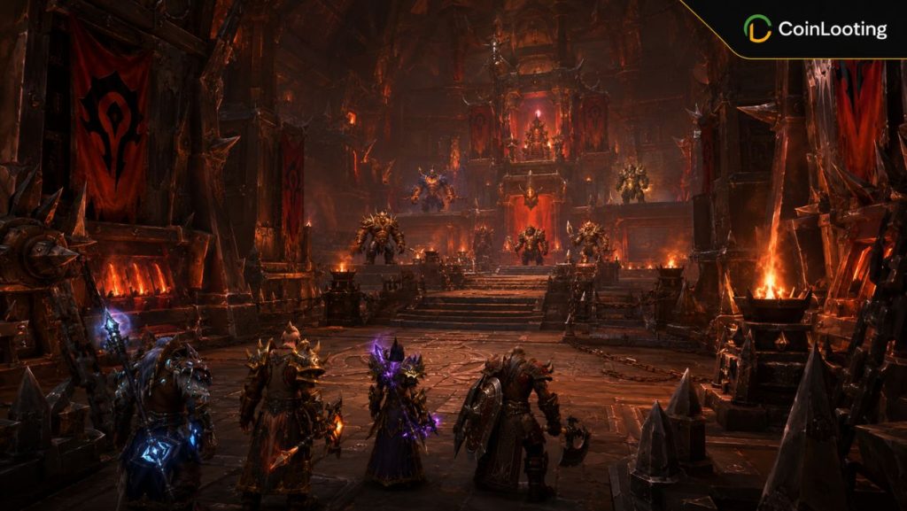 Siege of Orgrimmar interior hall in WoW MoP Classic with Horde warriors, raid atmosphere, and players preparing inside the stronghold