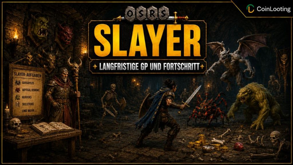 OSRS-Bild zum Slayer-Guide mit einem Spieler im Kampf gegen Monster in einem Dungeon, einem Slayer Master, einer Aufgabenliste, Knochen und Gold