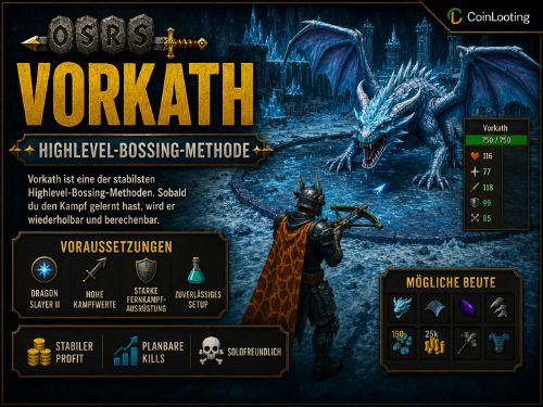 OSRS-Bild zum Vorkath-Guide mit einem Spieler im Kampf gegen Vorkath in einer eisigen Arena sowie eingeblendeten Anforderungen, Werten und möglicher Beute