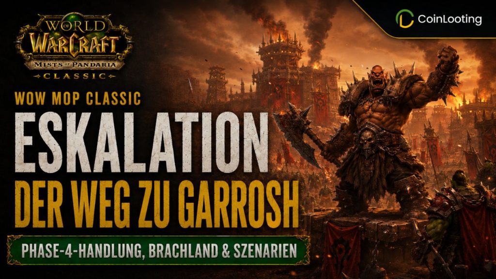 Bild zu WoW Pandaria Classic Eskalation mit Garrosh vor einer vom Krieg gezeichneten Horde-Festung und dem Titel „Eskalation: Der Weg zu Garrosh“