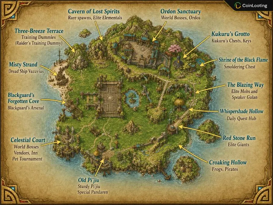 Annotated Timeless Isle map in WoW MoP Classic showing major locations, paths, quest hubs, rares, and world boss areas