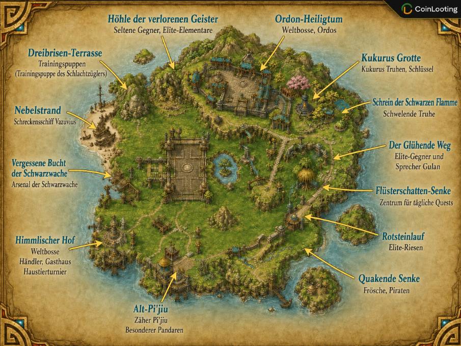 Beschriftete Karte der Zeitlosen Insel in WoW MoP Classic mit wichtigen Orten, Wegen, Questzentren, seltenen Gegnern und Weltboss-Bereichen