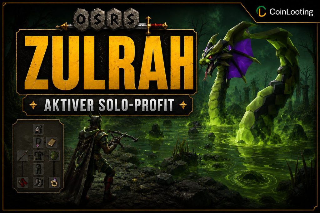 OSRS-Bild zum Zulrah-Guide mit einem Spieler im Kampf gegen Zulrah in einem giftigen Sumpf für aktiven Solo-Profit