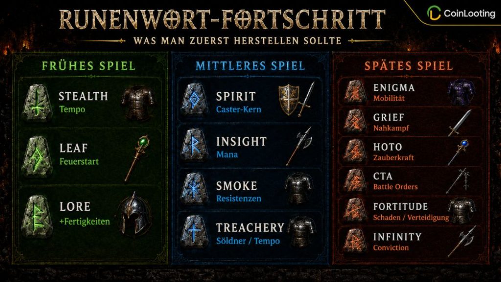 Diablo 2 Resurrected Runenwort-Fortschrittsgrafik mit frühen, mittleren und späten Runenwörtern