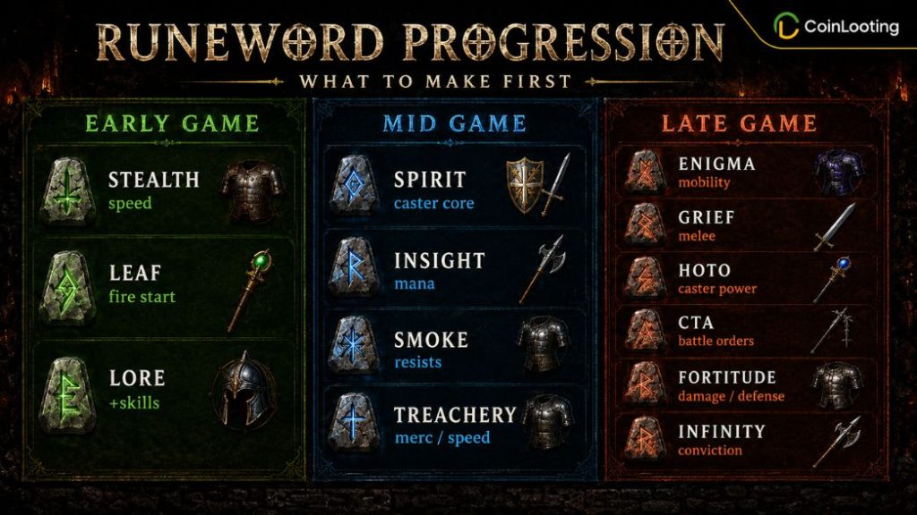 Diablo 2 Resurrected runeword progression chart with early, mid, and late game runewords