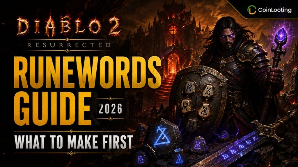 Diablo 2 Resurrected Runewords Guide 2026 image with a dark warrior, glowing runes, and the headline What to Make First