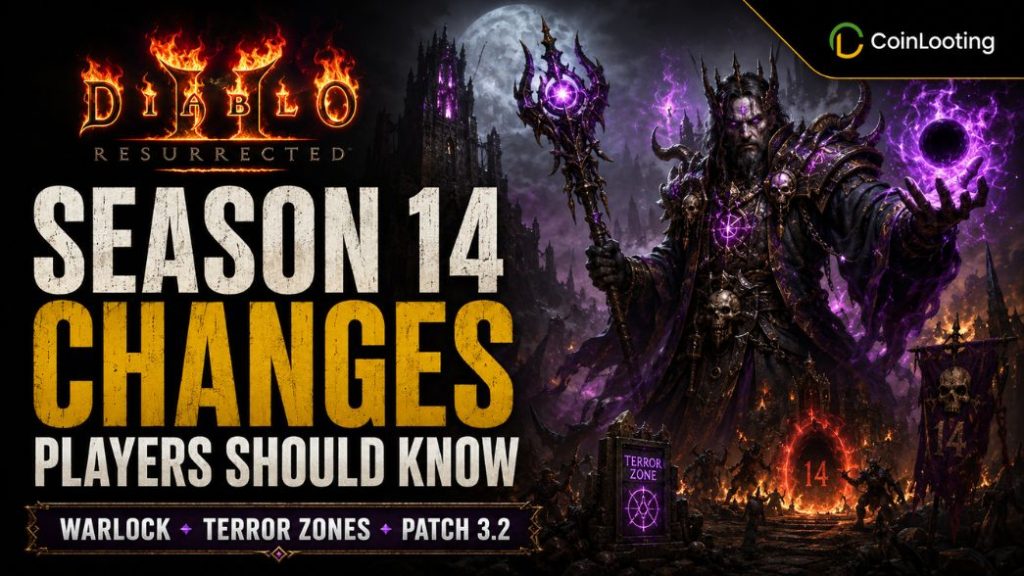 Diablo 2 Resurrected Season 14 changes image with a dark warlock, purple magic, and update headline