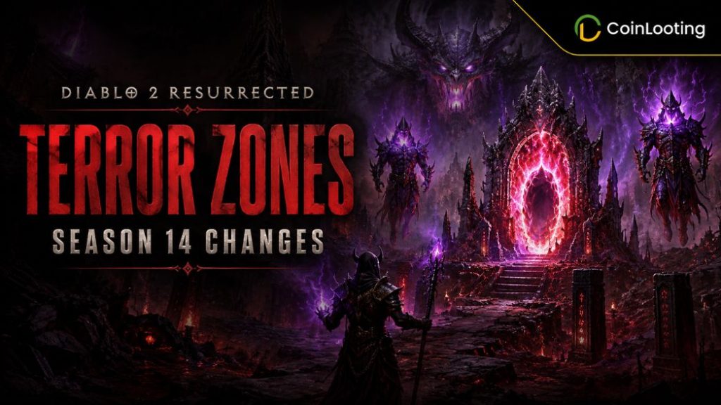 Diablo 2 Resurrected Terror Zones Season 14 changes image with a red portal and dark fantasy scene