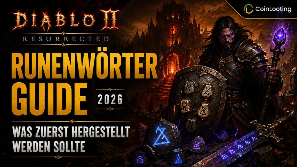 Diablo 2 Resurrected Runenwörter-Guide 2026 mit dunklem Krieger, leuchtenden Runen und der Überschrift What to Make First