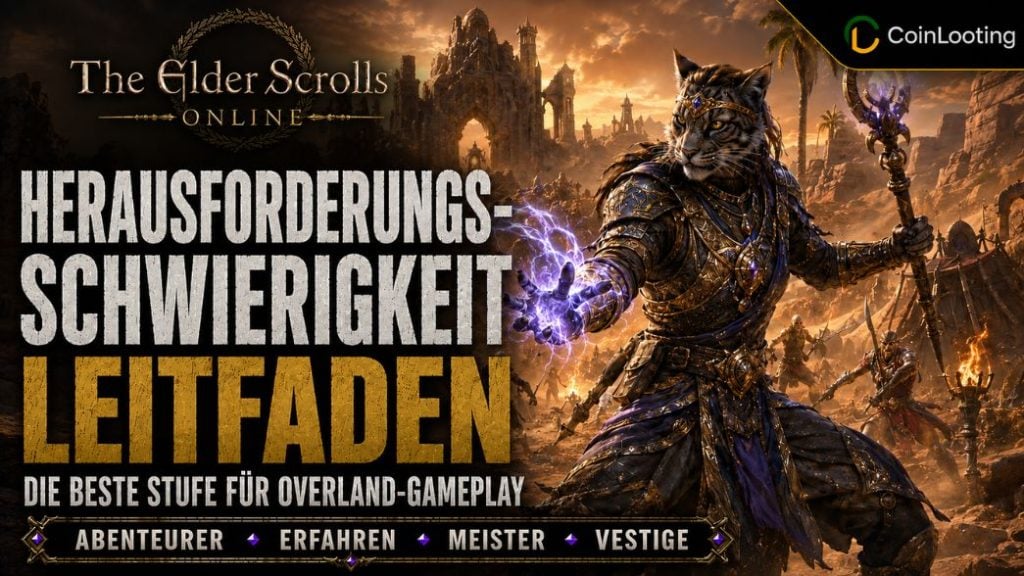 ESO-Banner zum Guide für Herausforderungsstufen mit einem Khajiit-Kampfmagier, Wüstenruinen und Overland-Stufen