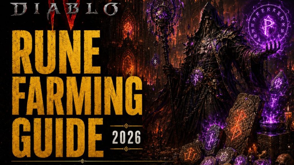 4 thumbnail for a rune farming guide with a rune mage, glowing glyphs, and CoinLooting branding
