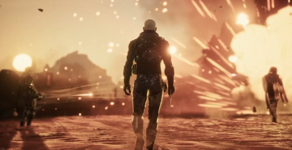 Dune Awakening Charakter läuft während einer Explosion durch ein Wüstenschlachtfeld