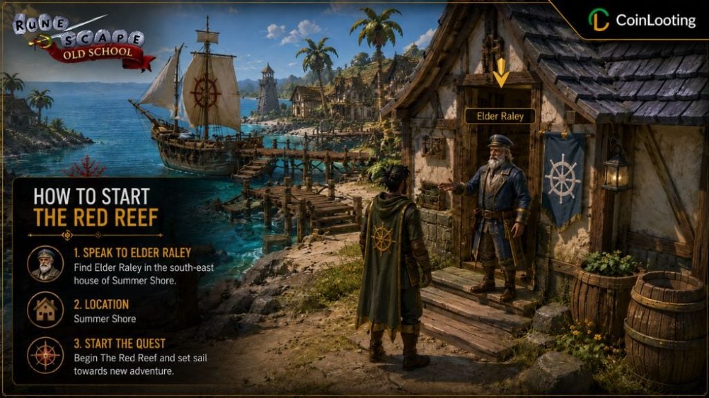 OSRS image showing how to start The Red Reef quest by speaking to Elder Raley in Summer Shore near the docks and shoreline buildings