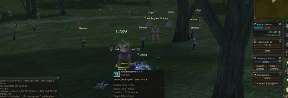 Lineage 2 Aden combat scene in an open field with enemies, skill panel, and active battle interface