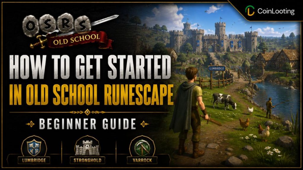 OSRS beginner guide image showing a new player near Lumbridge with a castle, river, farm animals, and route markers for Lumbridge, Stronghold, and Varrock