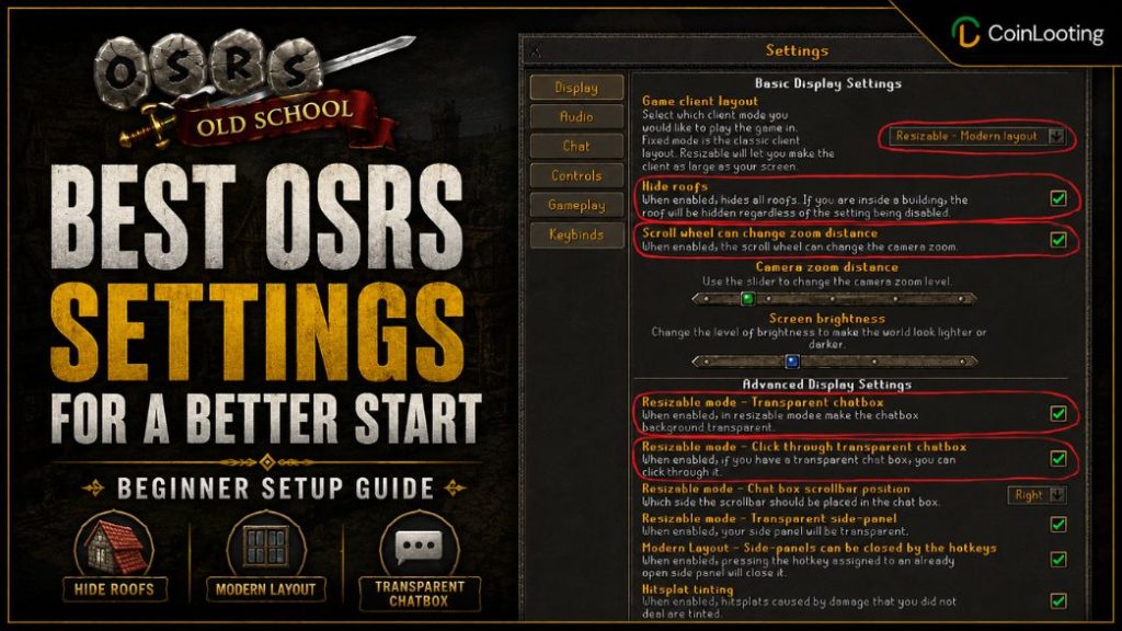 OSRS settings guide image showing recommended beginner setup options such as hide roofs, modern layout, and transparent chatbox, alongside the in-game settings menu