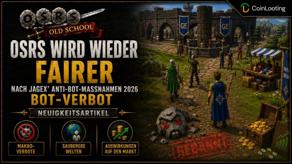 Bild zum OSRS-Bot-Crackdown 2026 mit einer faireren Grand-Exchange-Szene, gebannten Bots, Goldmünzen und einem saubereren Old-School-RuneScape-Markt nach den Maßnahmen von Jagex