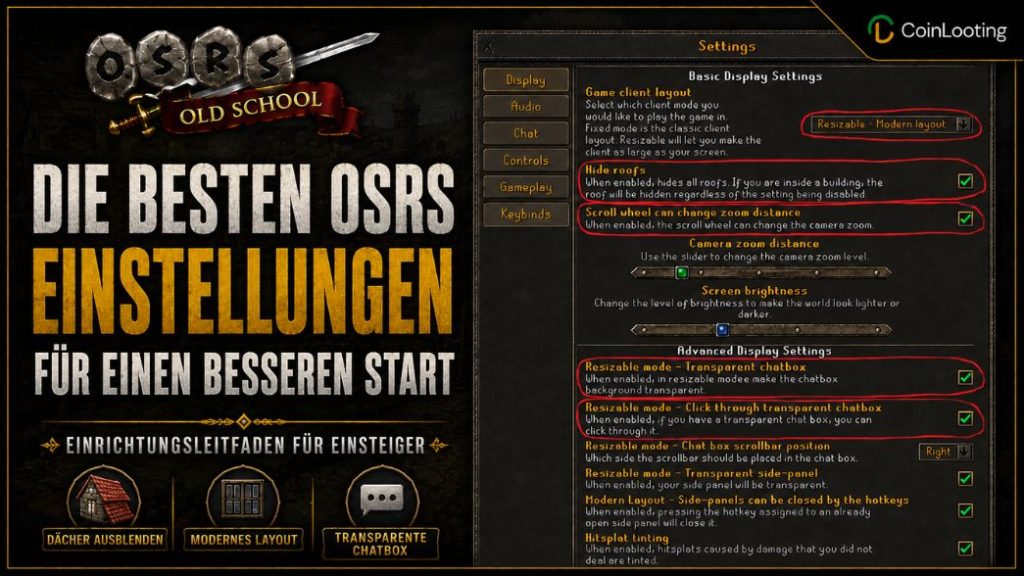 Bild zum OSRS-Einstellungs-Guide mit empfohlenen Optionen für Einsteiger wie Dächer ausblenden, modernes Layout und transparente Chatbox neben dem Spielmenü