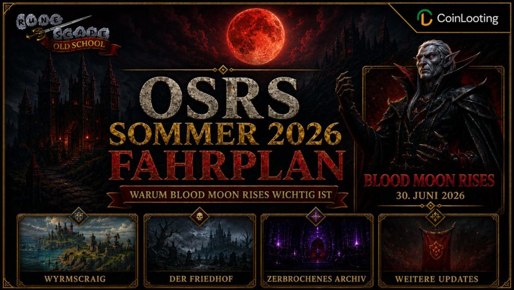 Bild zur OSRS Summer 2026 Roadmap mit Blood Moon Rises, einem roten Mond über einer düsteren gotischen Landschaft und Update-Feldern für Wyrmscraig, The Graveyard und The Fractured Archive