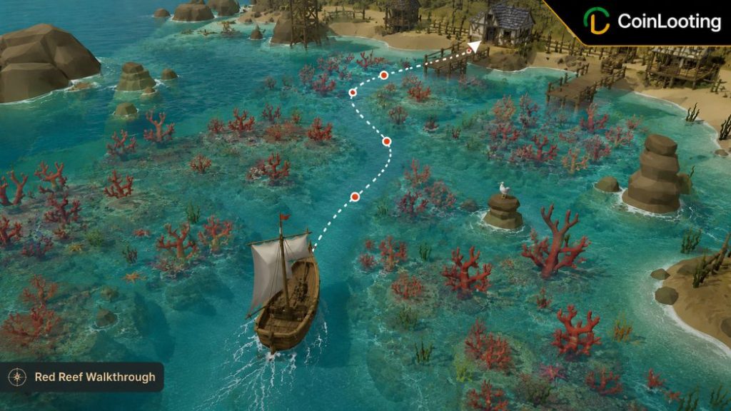 OSRS Red Reef walkthrough image showing a Sailing route across shallow reef waters with a dotted path near the shore