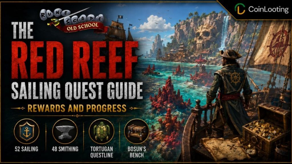 The Red Reef OSRS quest guide image showing a pirate captain at sea, coral waters, island cliffs, and key quest details for Sailing rewards and progress