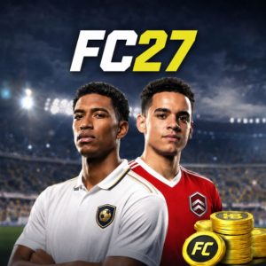 FC 27 Ultimate Team promo image with two football players in a stadium, FC 27 logo, and FC coins stack with coming soon message