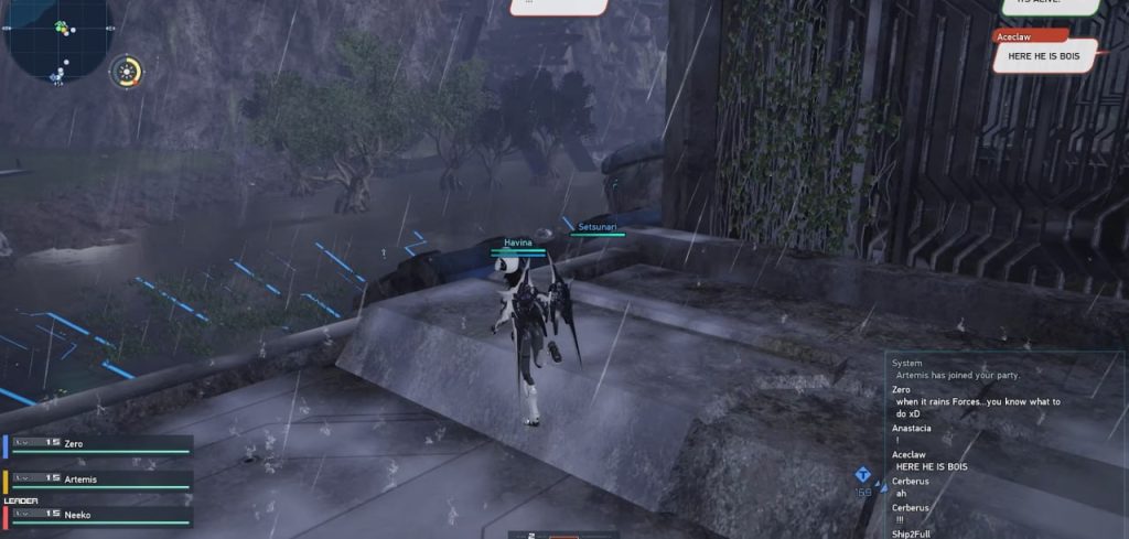 PSO2 New Genesis characters exploring ancient ruins during heavy rain
