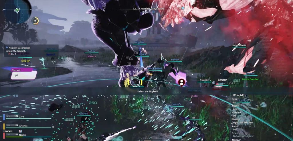 PSO2 New Genesis players fighting a large boss in group combat