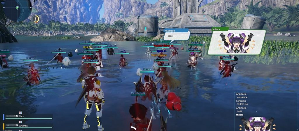 PSO2 New Genesis players gathered in a shallow-water social area