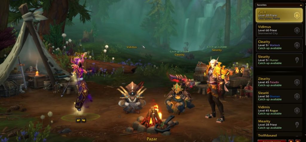 Personajes de WoW Midnight reunidos junto a una hoguera con el menú de selección de compañeros