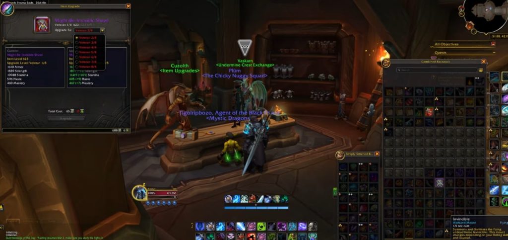 Personaje de WoW Midnight usando la interfaz de un vendedor con el inventario abierto
