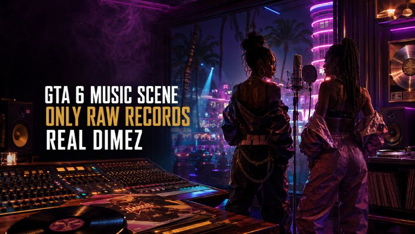 GTA 6 music scene cover showing Real Dimez inside the Only Raw Records studio with a microphone, mixing console, and Vice City nightlife